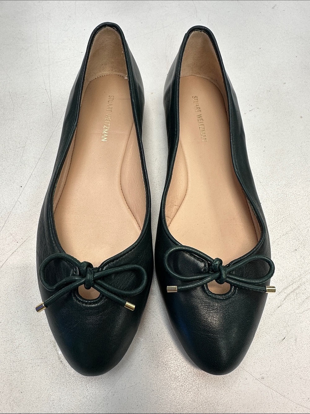 Stuart Weitzman Dark Green Leather Bow Ballet Flats women size 7